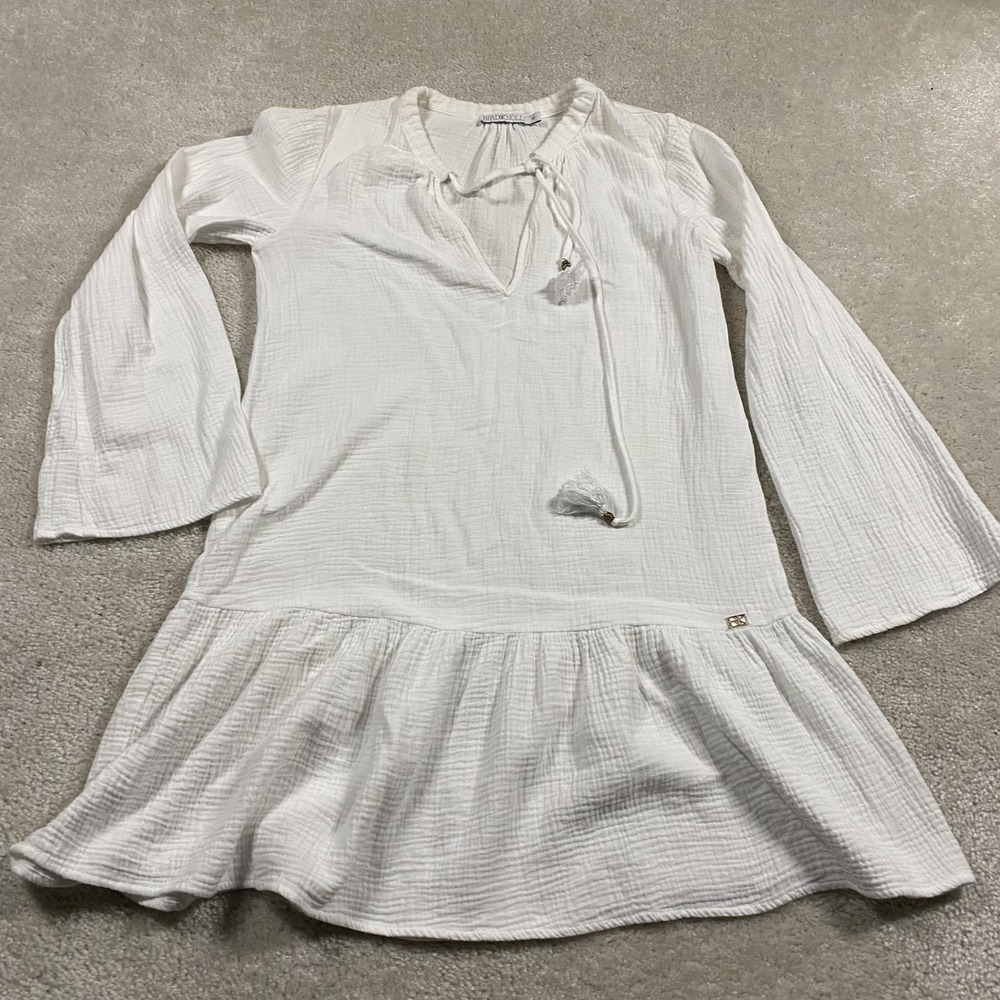 Bird & Knoll Dress Womens Small White Cotton Gauze Tassel Boho Beach Cover Up